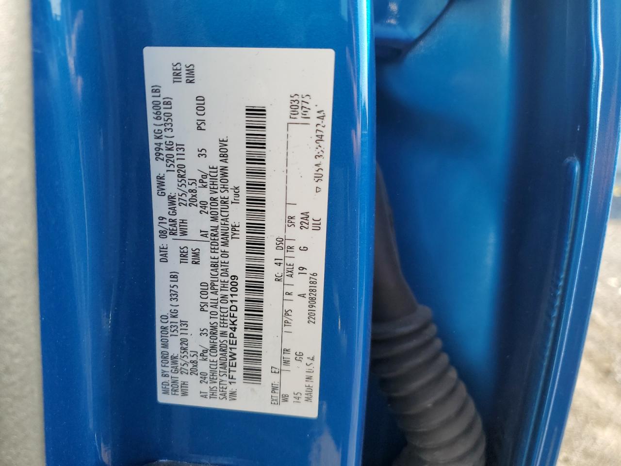 2019 Ford F150 Supercrew VIN: 1FTEW1EP4KFD11009 Lot: 81308415