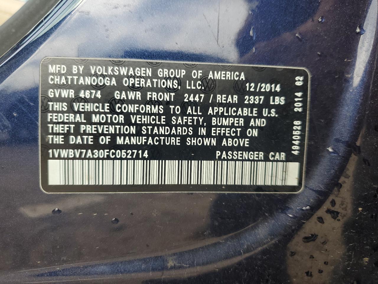 2015 Volkswagen Passat Se VIN: 1VWBV7A30FC052714 Lot: 82056875