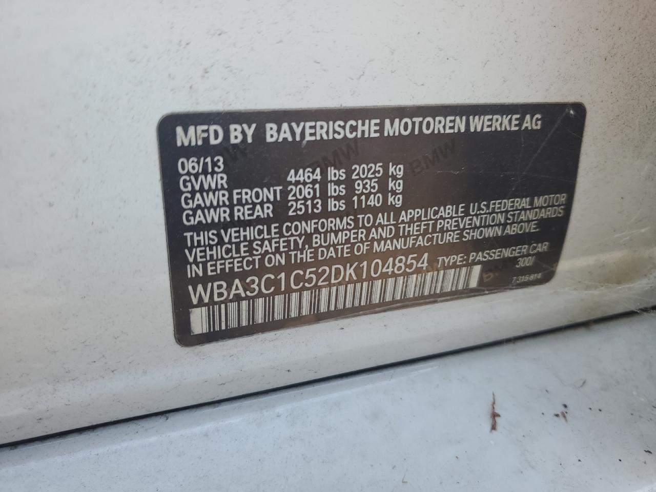 2013 BMW 328 I Sulev VIN: WBA3C1C52DK104854 Lot: 70744345