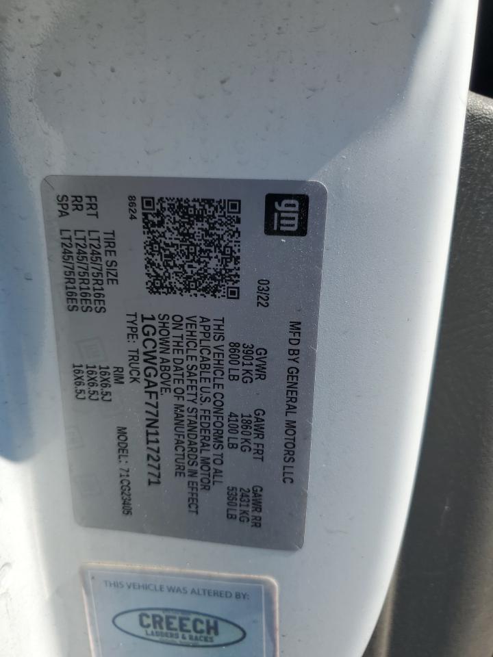 2022 Chevrolet Express G2500 VIN: 1GCWGAF77N1172771 Lot: 80644825