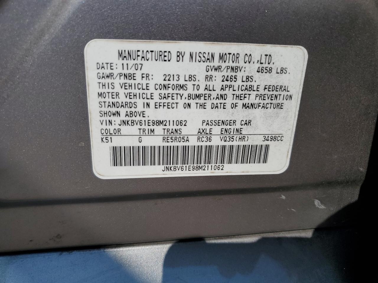 2008 Infiniti G35 VIN: JNKBV61E98M211062 Lot: 80991865