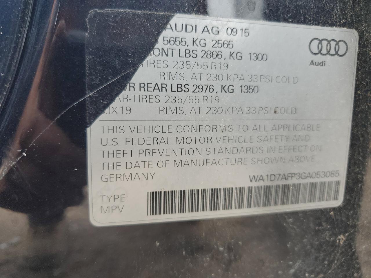 2016 Audi Q5 Premium Plus S-Line VIN: WA1D7AFP3GA053085 Lot: 84463355