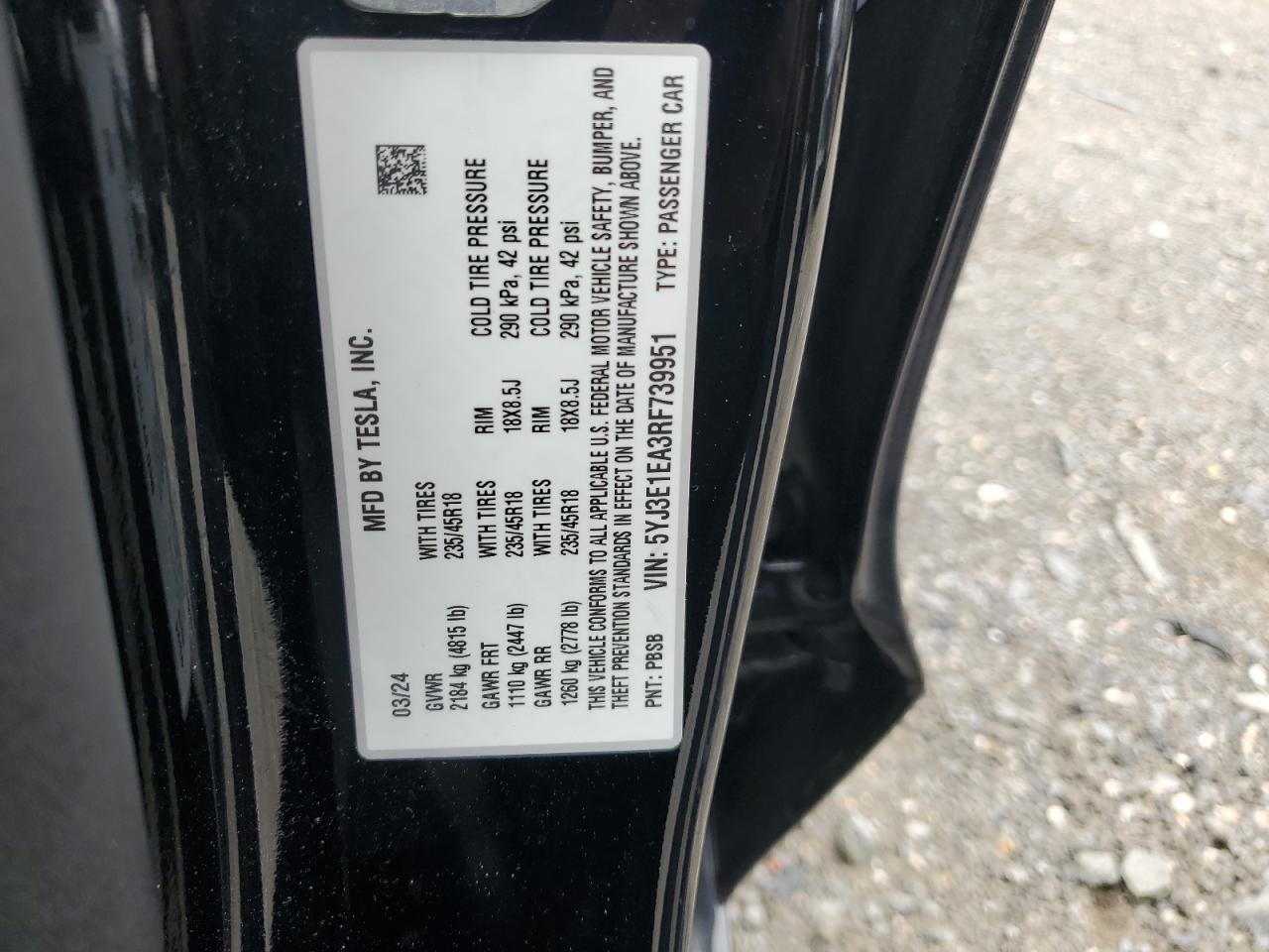 2024 Tesla Model 3 VIN: 5YJ3E1EA3RF739951 Lot: 84272765