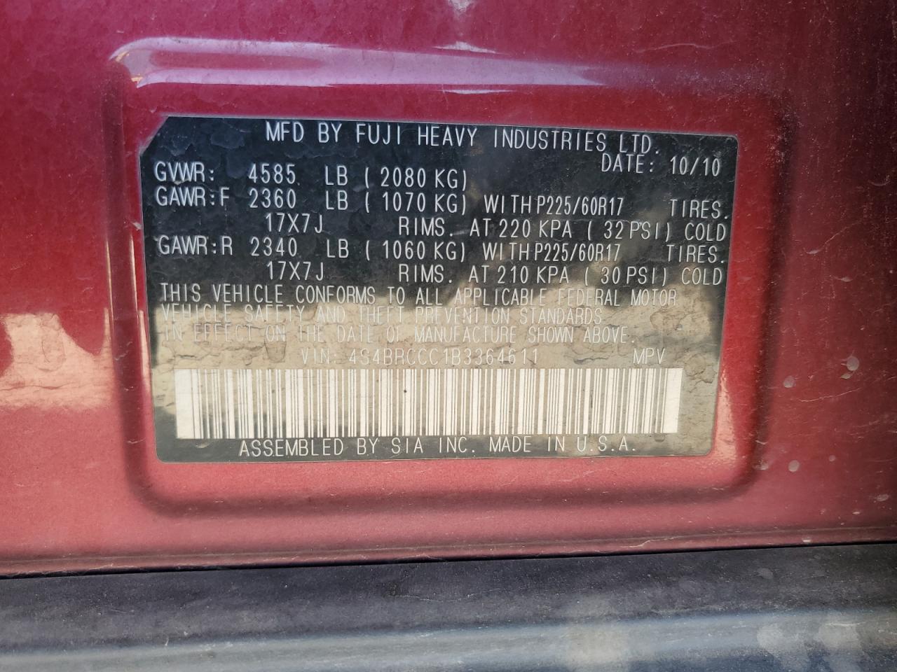 2011 Subaru Outback 2.5I Premium VIN: 4S4BRCCC1B3364611 Lot: 81986905