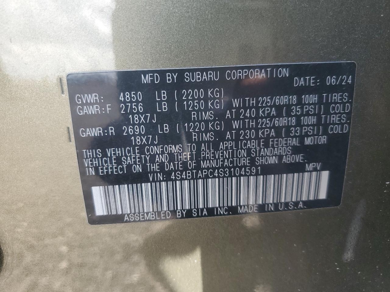 2025 Subaru Outback Touring VIN: 4S4BTAPC4S3104591 Lot: 82079475