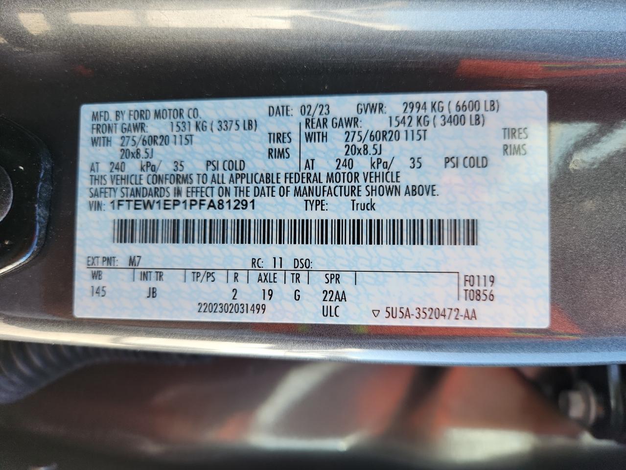 2023 Ford F150 Supercrew VIN: 1FTEW1EP1PFA81291 Lot: 80198215