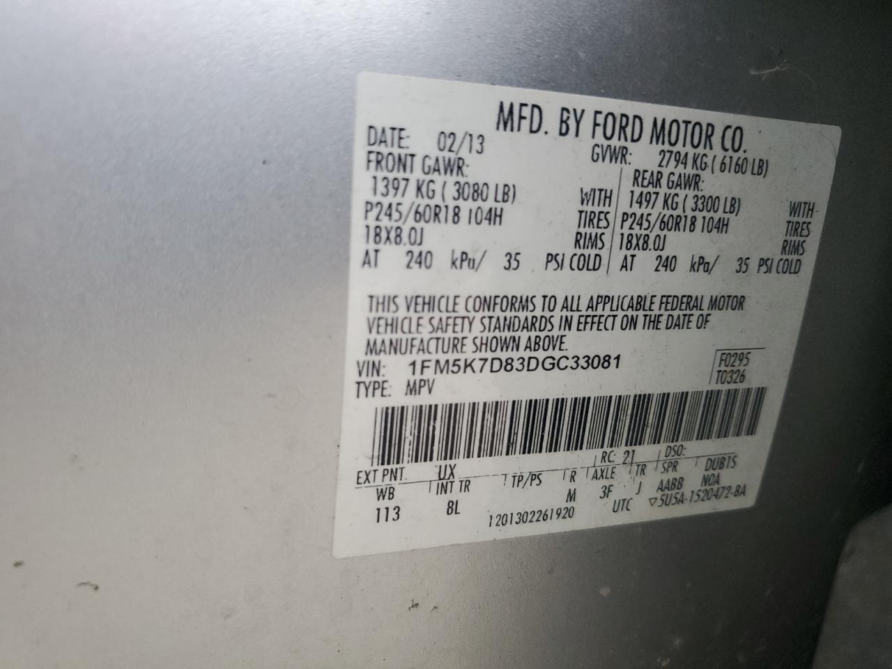 2013 Ford Explorer Xlt VIN: 1FM5K7D83DGC33081 Lot: 84588575