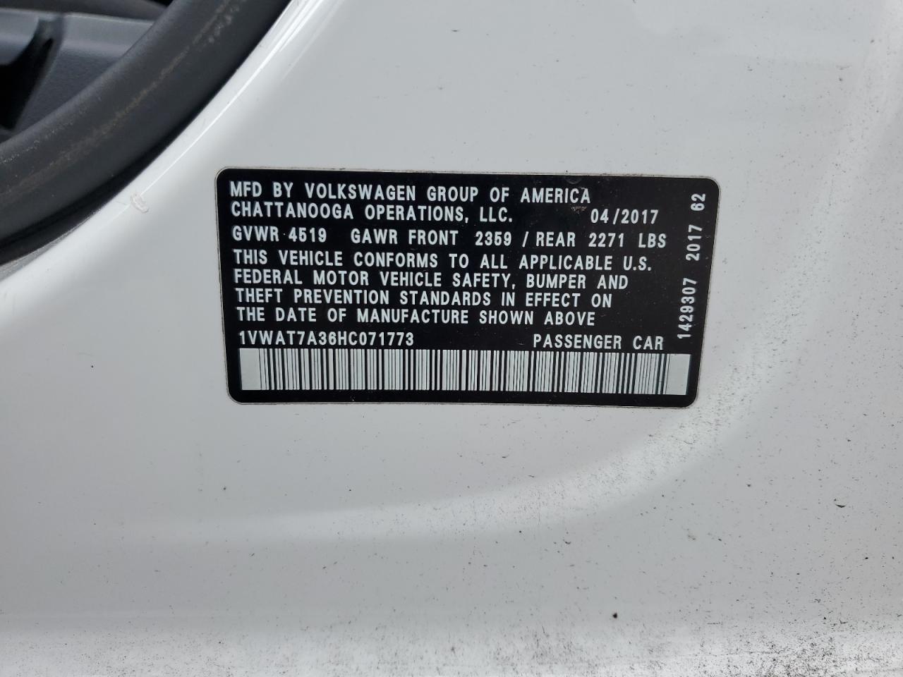 2017 Volkswagen Passat S VIN: 1VWAT7A36HC071773 Lot: 81124865