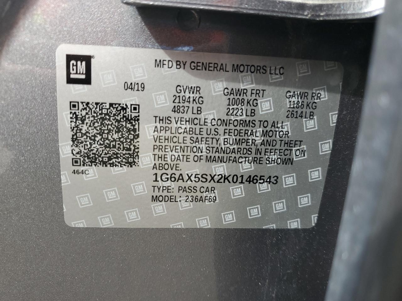 2019 Cadillac Cts Luxury VIN: 1G6AX5SX2K0146543 Lot: 80668895