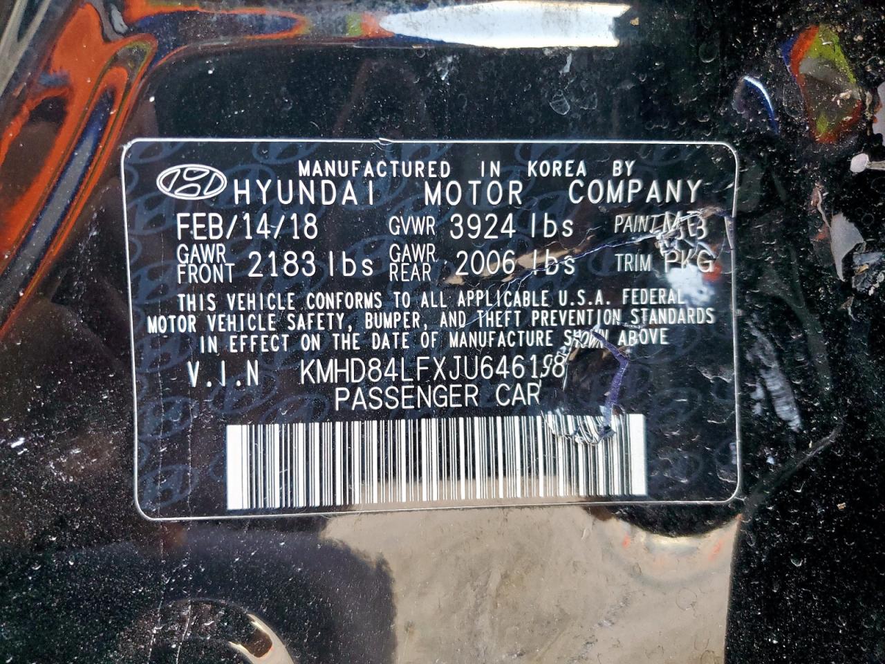 2018 Hyundai Elantra Sel VIN: KMHD84LFXJU646198 Lot: 81739595