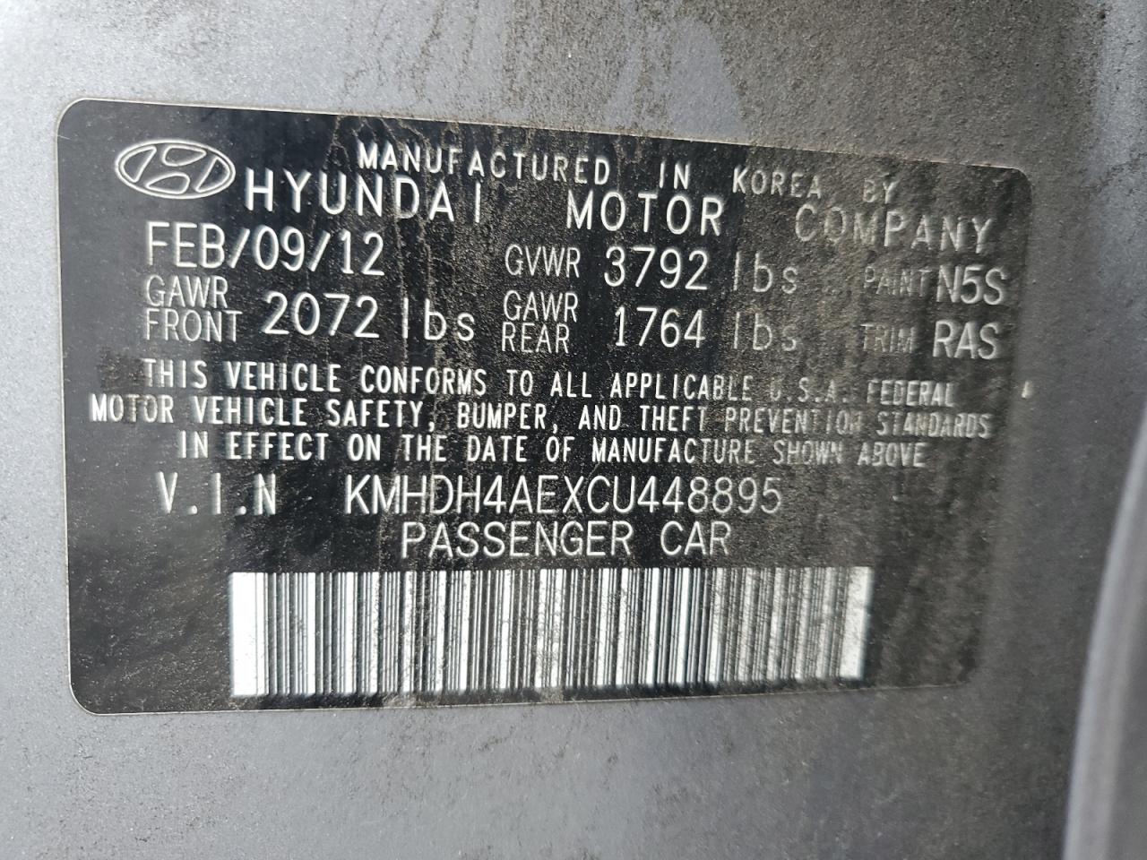 2012 Hyundai Elantra Gls VIN: KMHDH4AEXCU448895 Lot: 84448235
