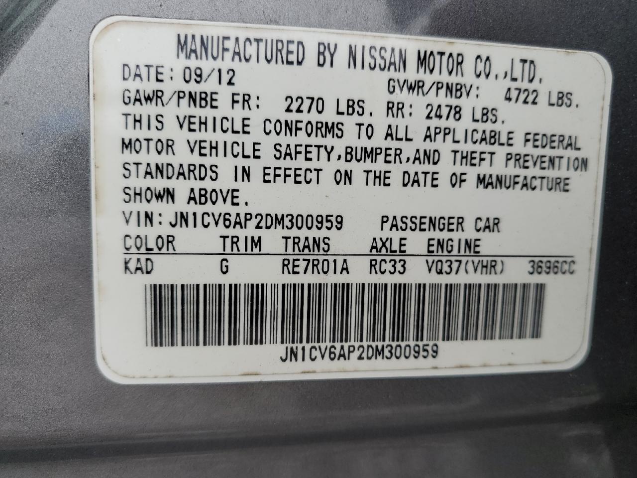 2013 Infiniti G37 Base VIN: JN1CV6AP2DM300959 Lot: 84254385