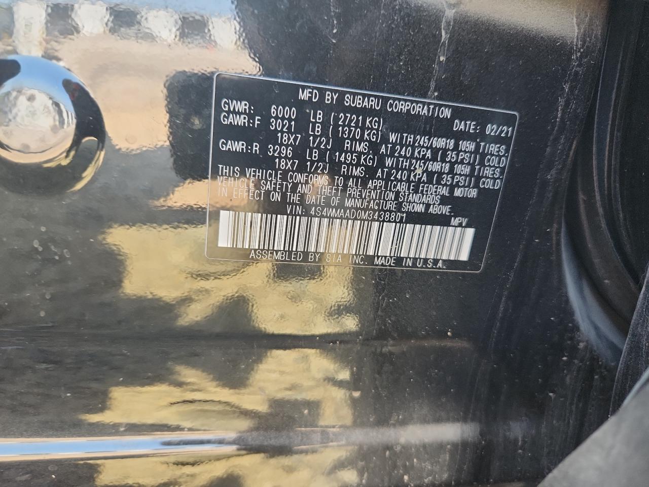 2021 Subaru Ascent VIN: 4S4WMAAD0M3438801 Lot: 80614335