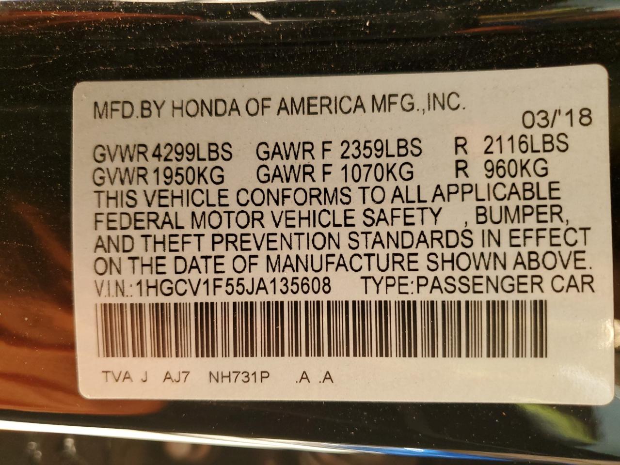 2018 Honda Accord Exl VIN: 1HGCV1F55JA135608 Lot: 72078355