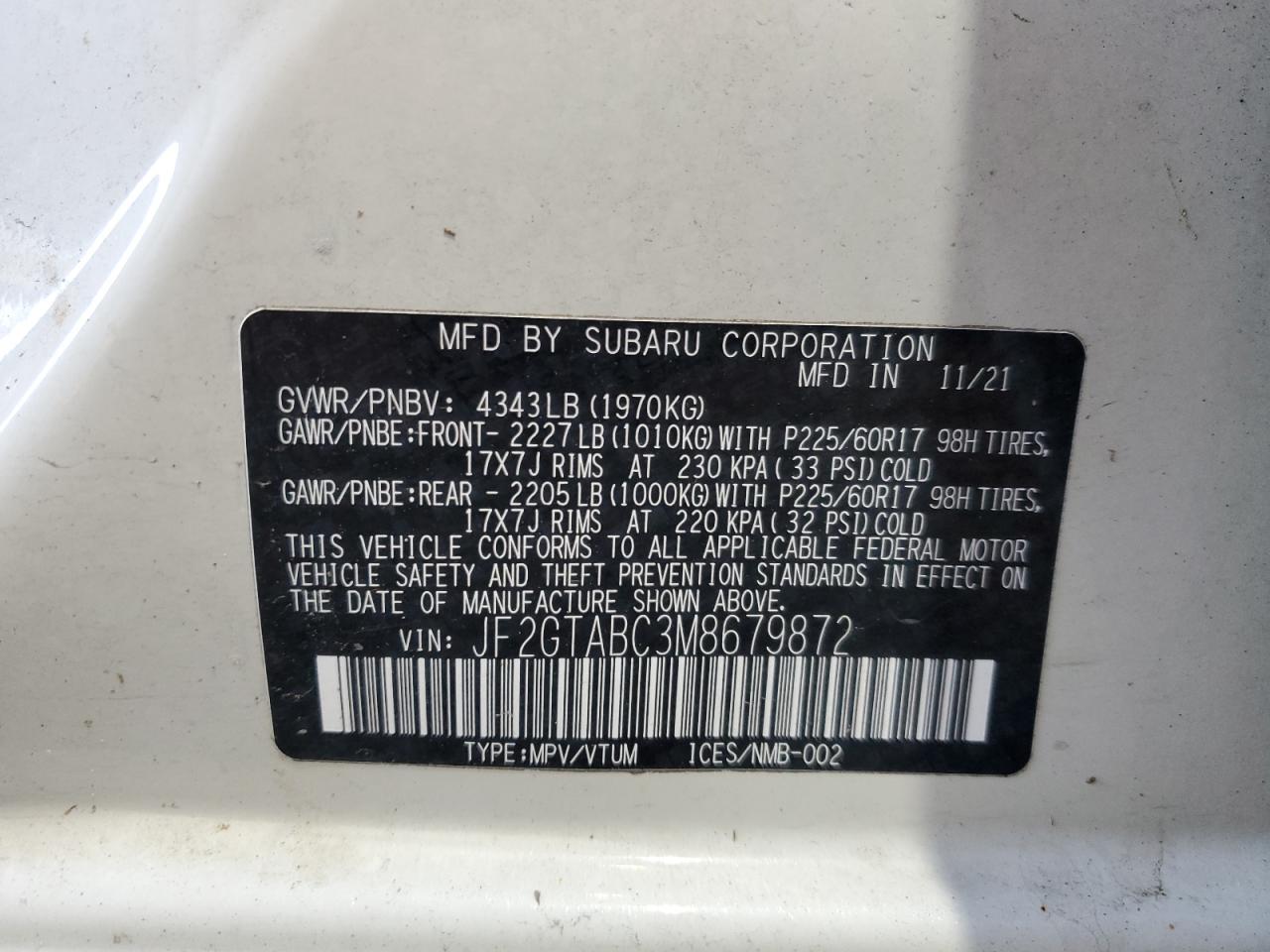 2021 Subaru Crosstrek VIN: JF2GTABC3M8679872 Lot: 72053495