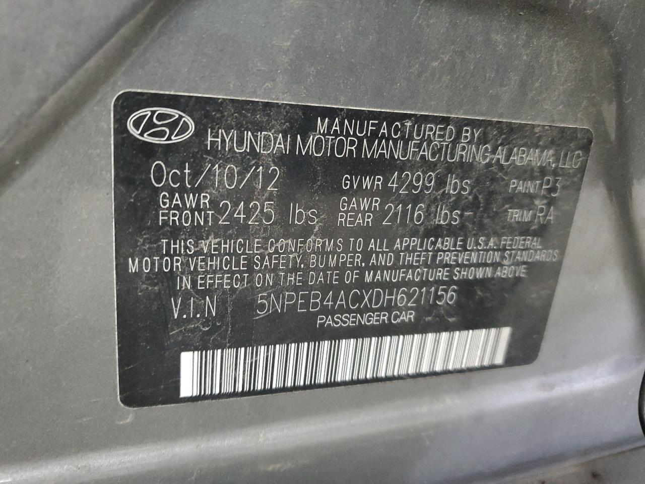 2013 Hyundai Sonata Gls VIN: 5NPEB4ACXDH621156 Lot: 80494395