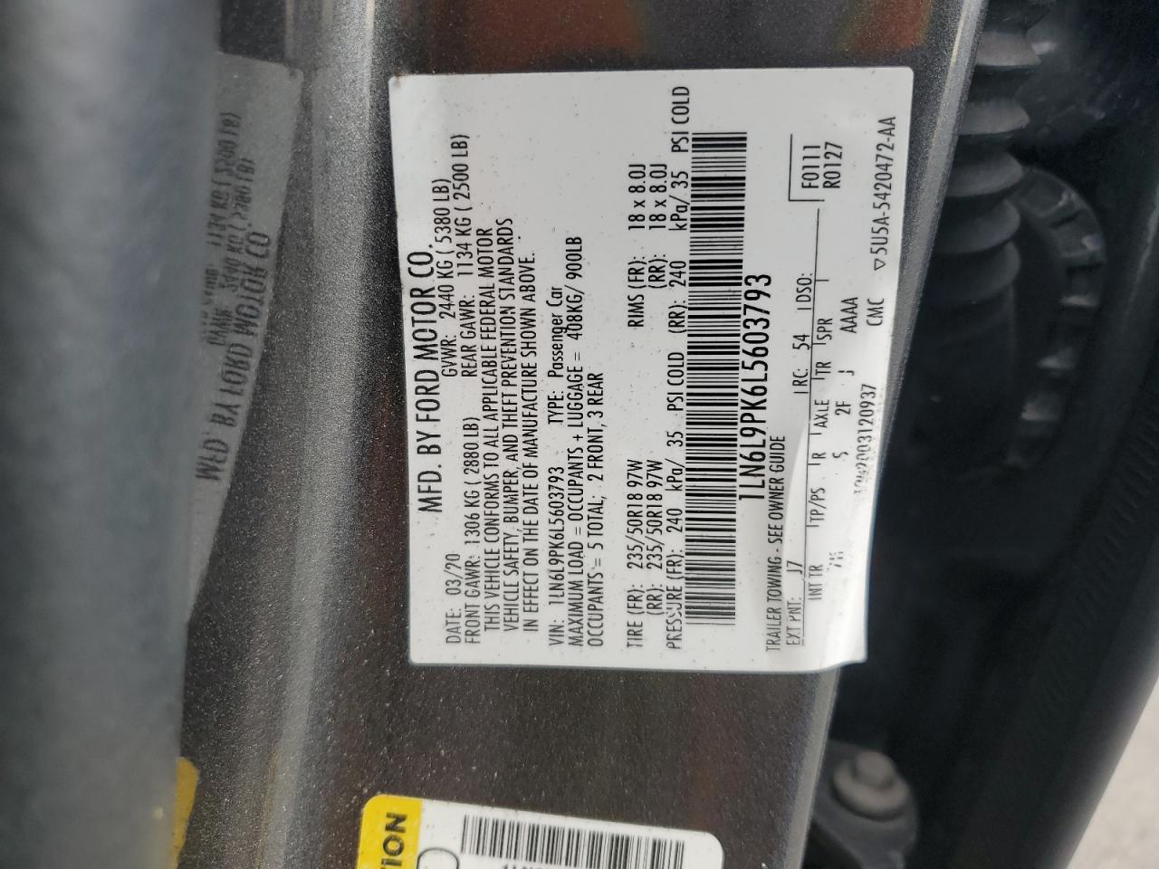 2020 Lincoln Continental VIN: 1LN6L9PK6L5603793 Lot: 83978545