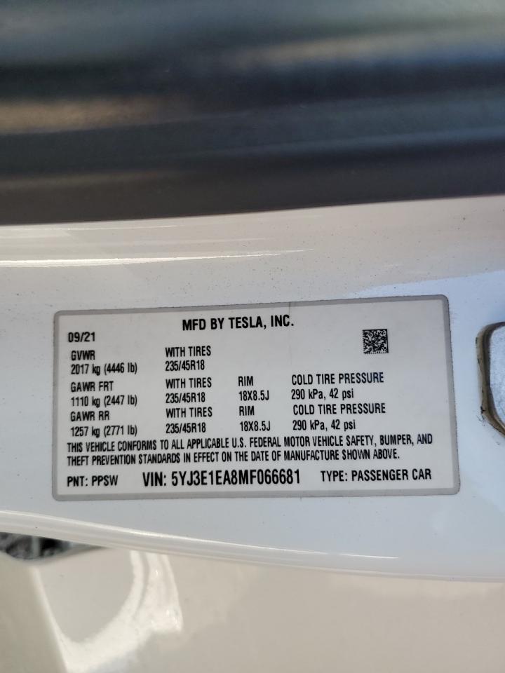 2021 Tesla Model 3 VIN: 5YJ3E1EA8MF066681 Lot: 80385505