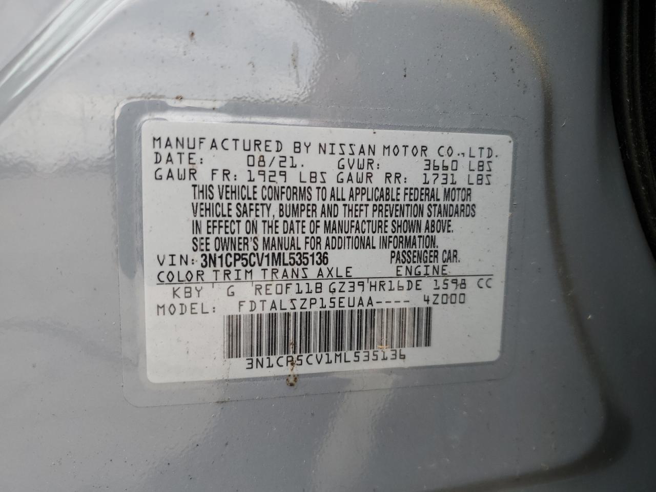2021 Nissan Kicks Sv VIN: 3N1CP5CV1ML535136 Lot: 83849465