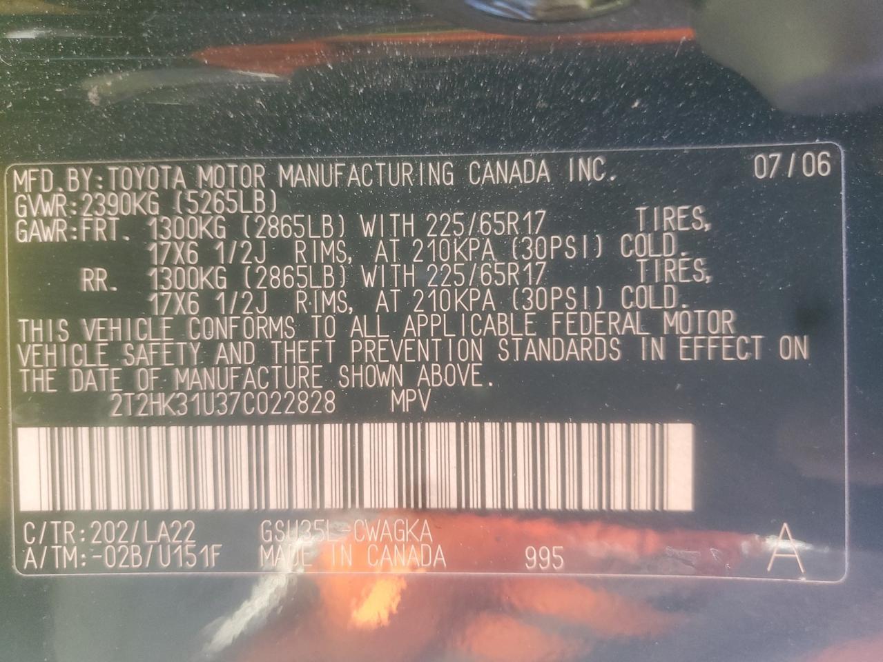 2007 Lexus Rx 350 VIN: 2T2HK31U37C022828 Lot: 82169285