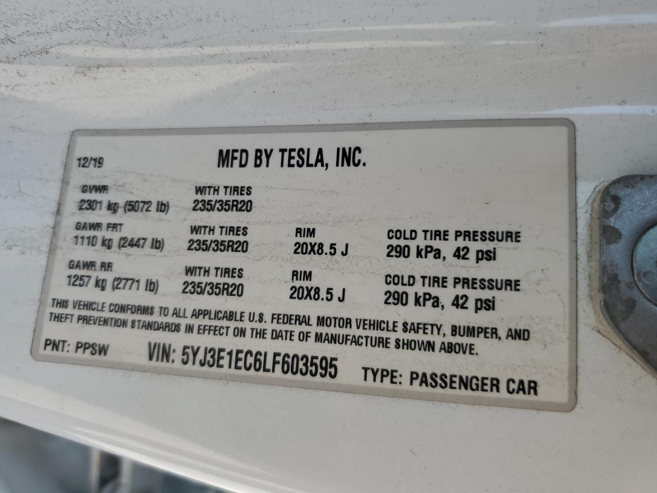 2020 Tesla Model 3 VIN: 5YJ3E1EC6LF603595 Lot: 80030695