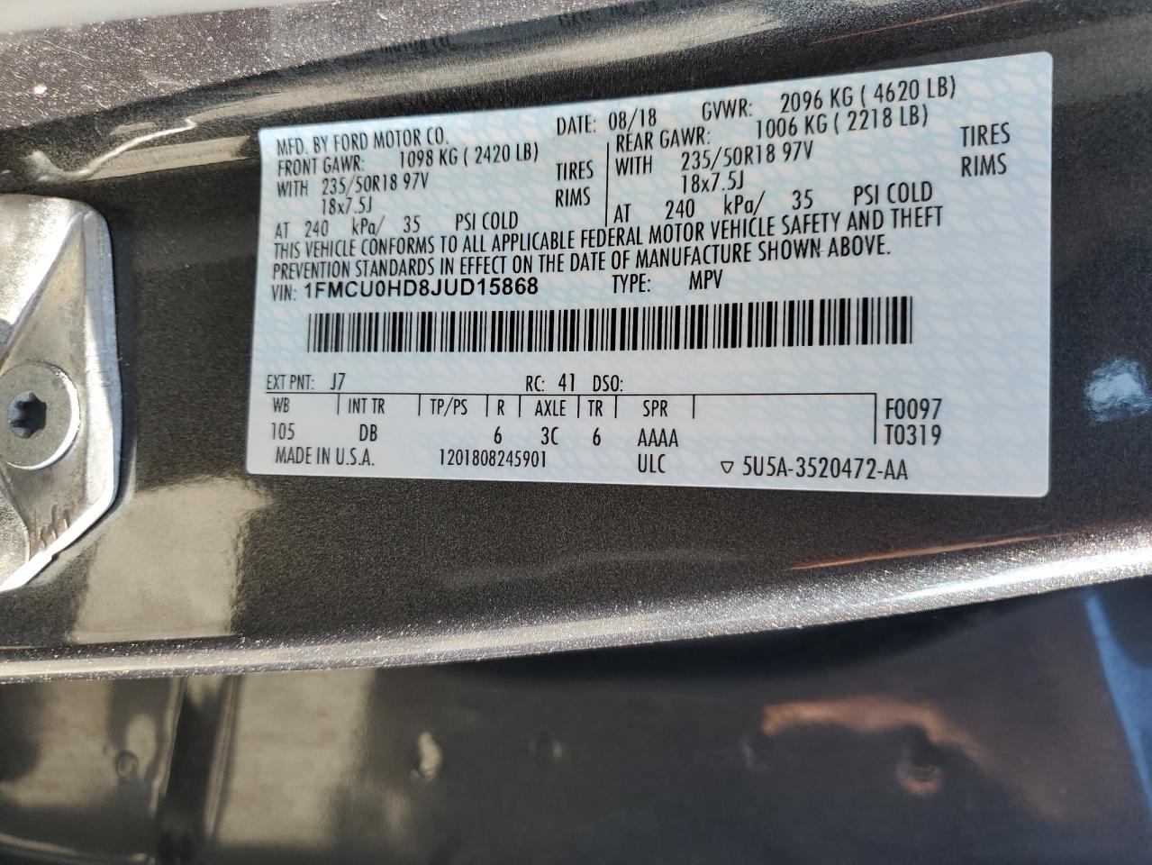 2018 Ford Escape Sel VIN: 1FMCU0HD8JUD15868 Lot: 82101605