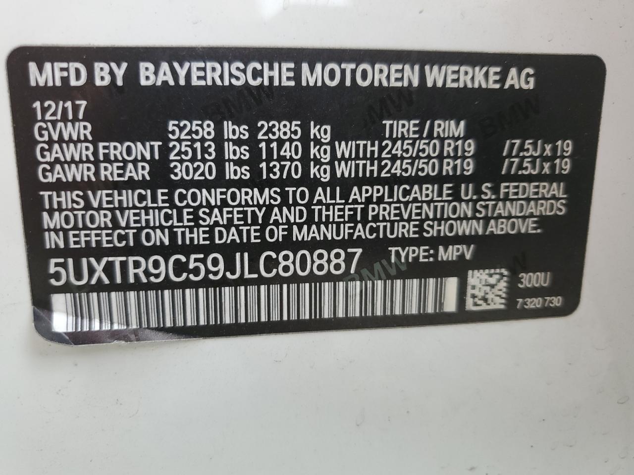 2018 BMW X3 xDrive30I VIN: 5UXTR9C59JLC80887 Lot: 84468945