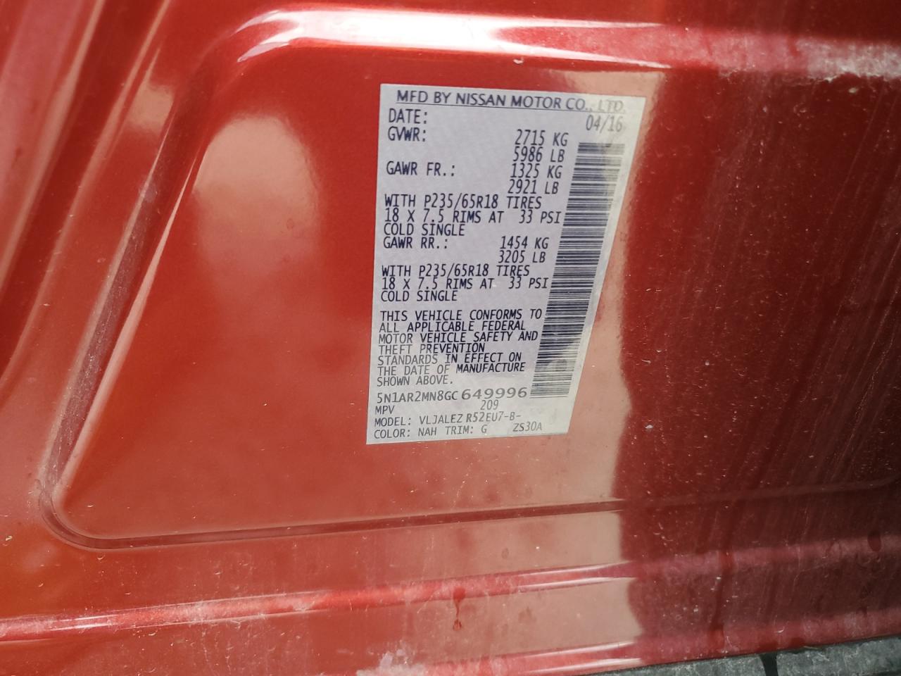 2016 Nissan Pathfinder S VIN: 5N1AR2MN8GC649996 Lot: 80296215