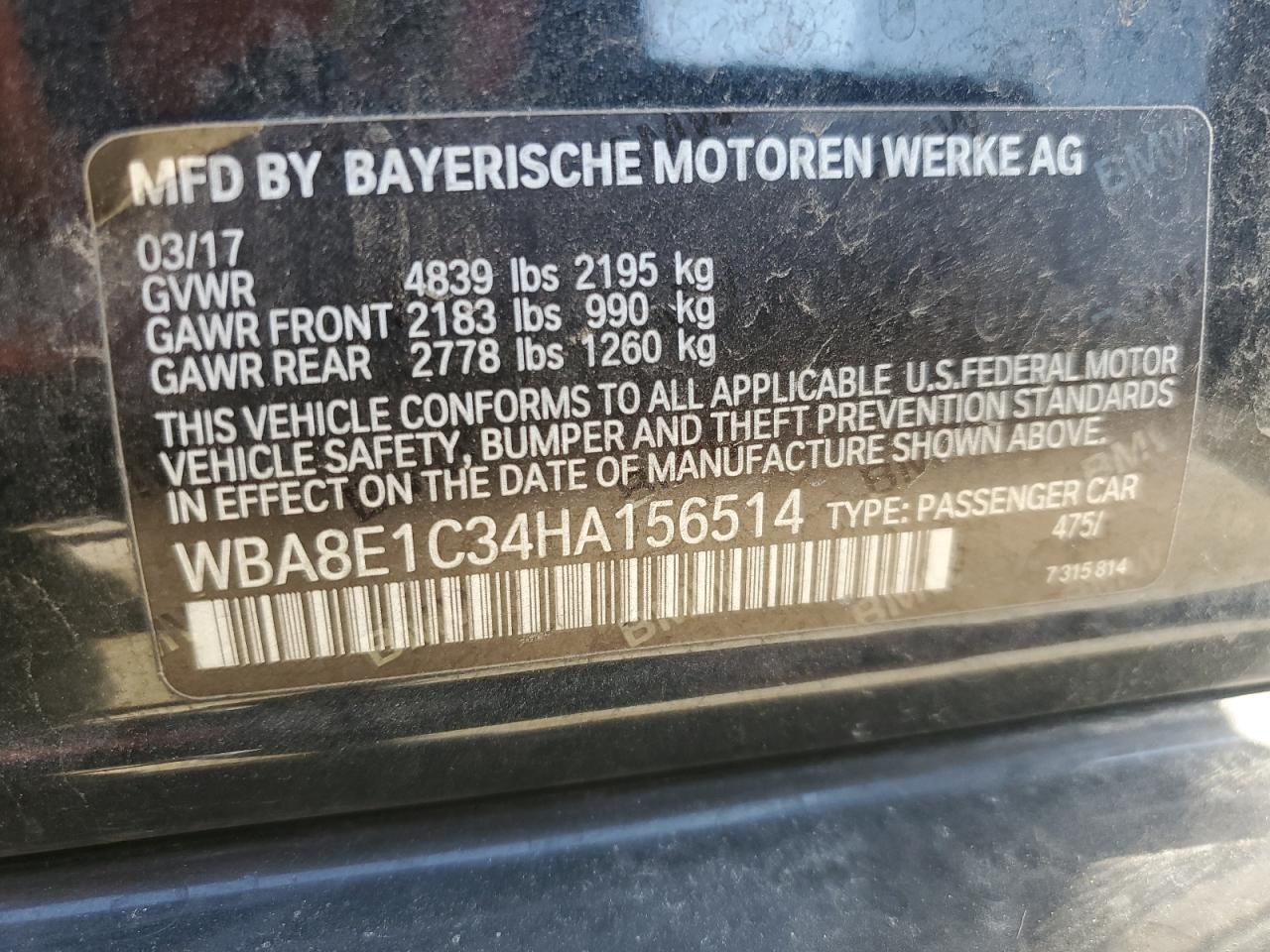 2017 BMW 330E VIN: WBA8E1C34HA156514 Lot: 70383875