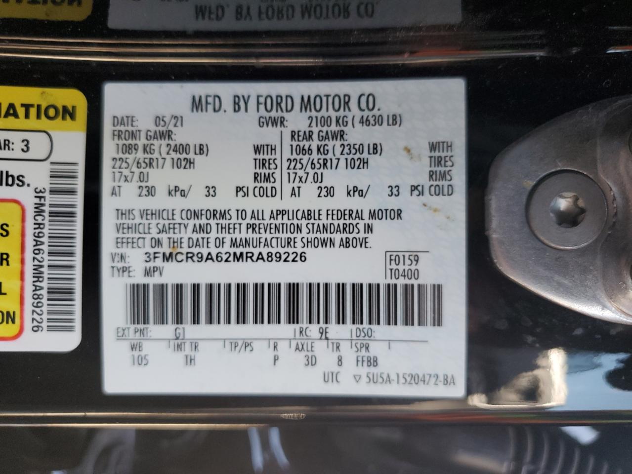 2021 Ford Bronco Sport VIN: 3FMCR9A62MRA89226 Lot: 80525205