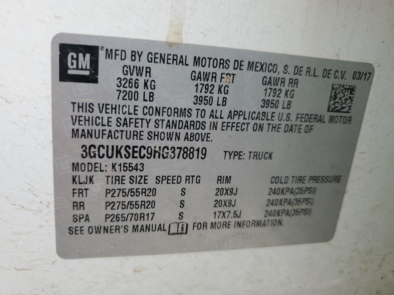 2017 Chevrolet Silverado K1500 Ltz VIN: 3GCUKSEC9HG378819 Lot: 80910335
