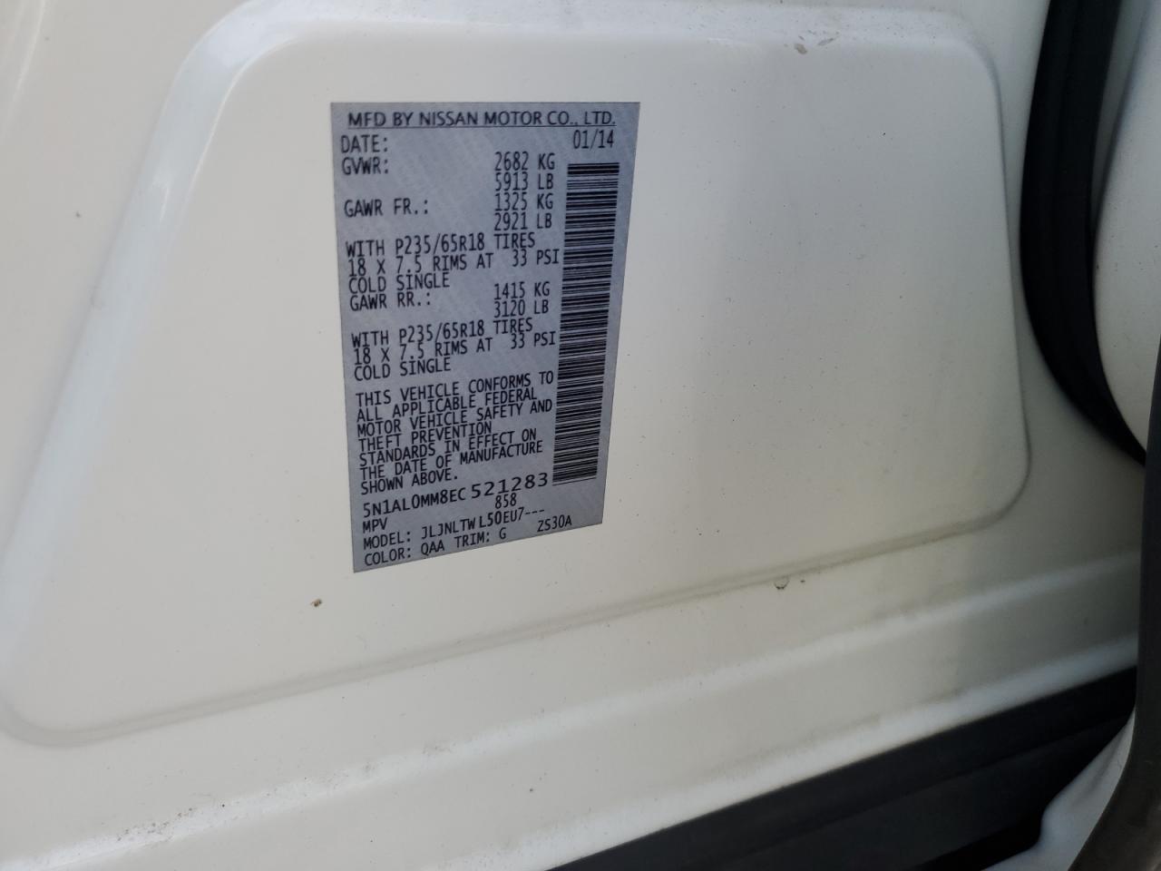 2014 Infiniti Qx60 VIN: 5N1AL0MM8EC521283 Lot: 80898745