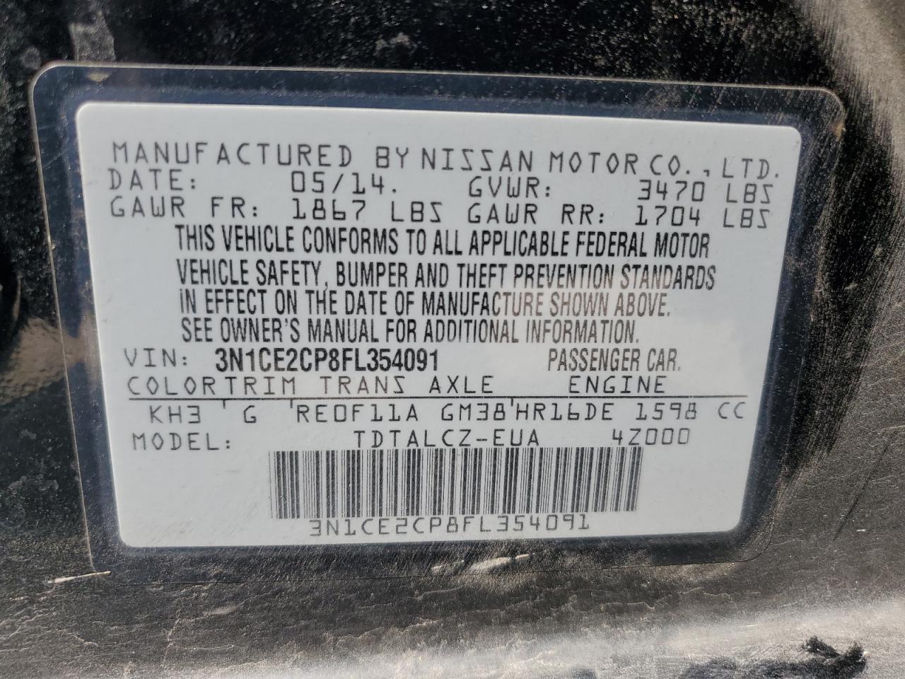 2015 Nissan Versa Note S VIN: 3N1CE2CP8FL354091 Lot: 81514545