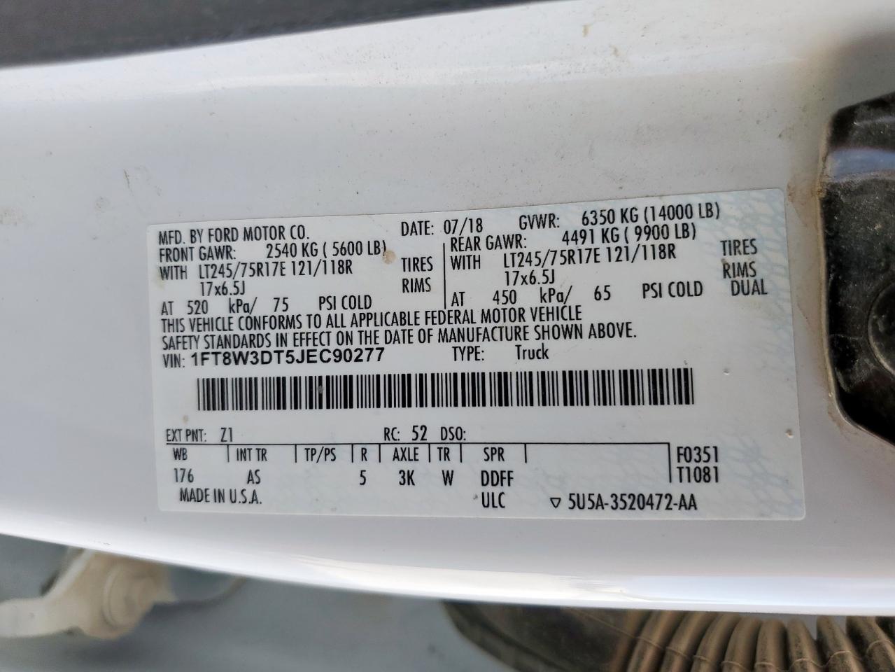 2018 Ford F350 Super Duty VIN: 1FT8W3DT5JEC90277 Lot: 71656655