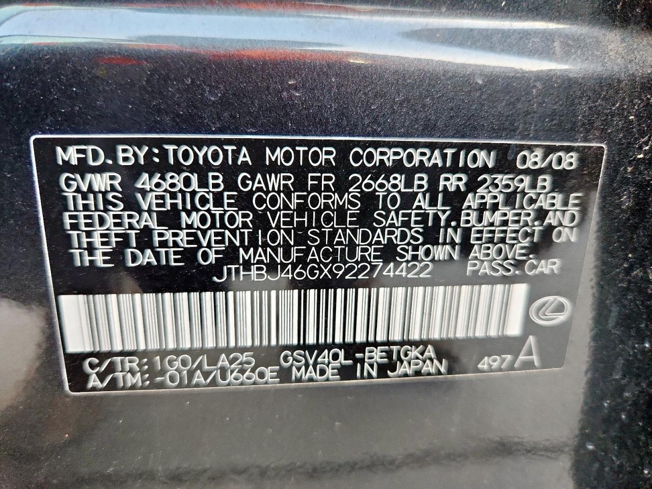 2009 Lexus Es 350 VIN: JTHBJ46GX92274422 Lot: 81698435