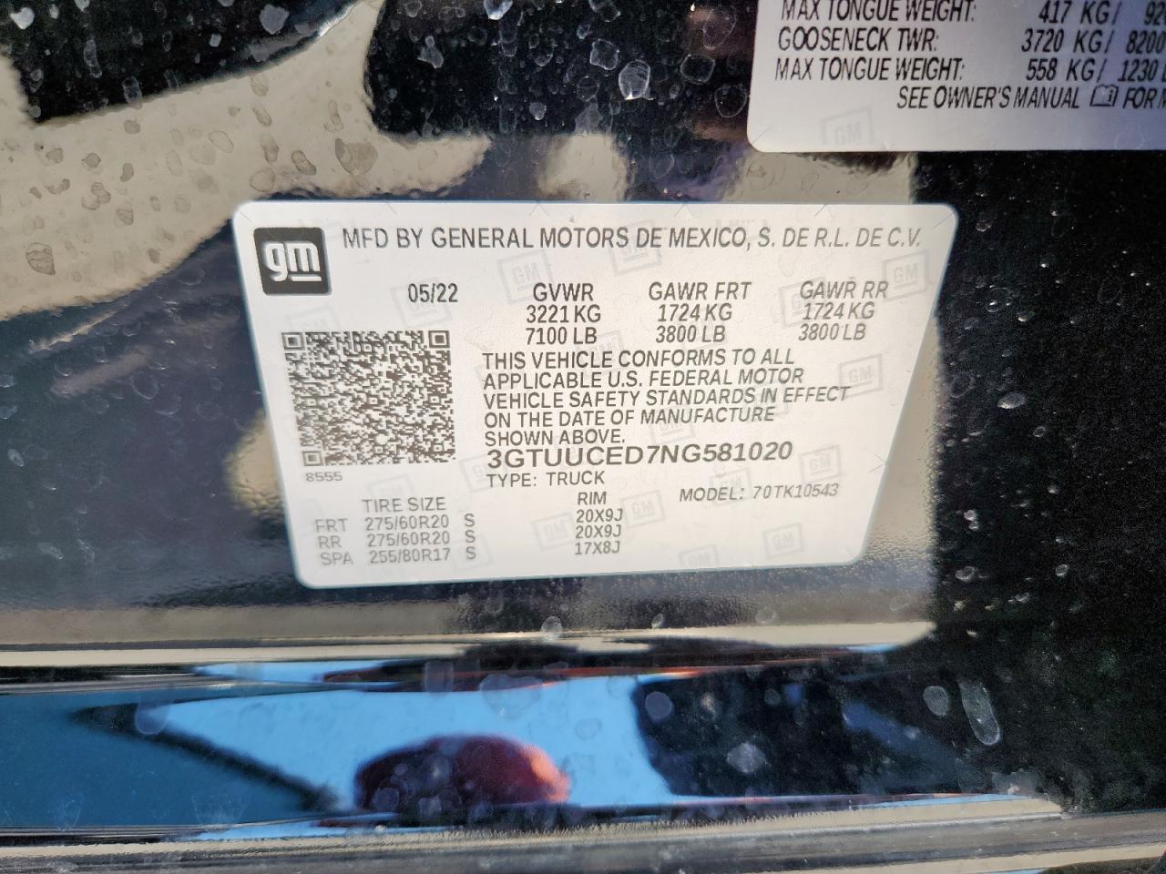 2022 GMC Sierra K1500 Elevation VIN: 3GTUUCED7NG581020 Lot: 71459145
