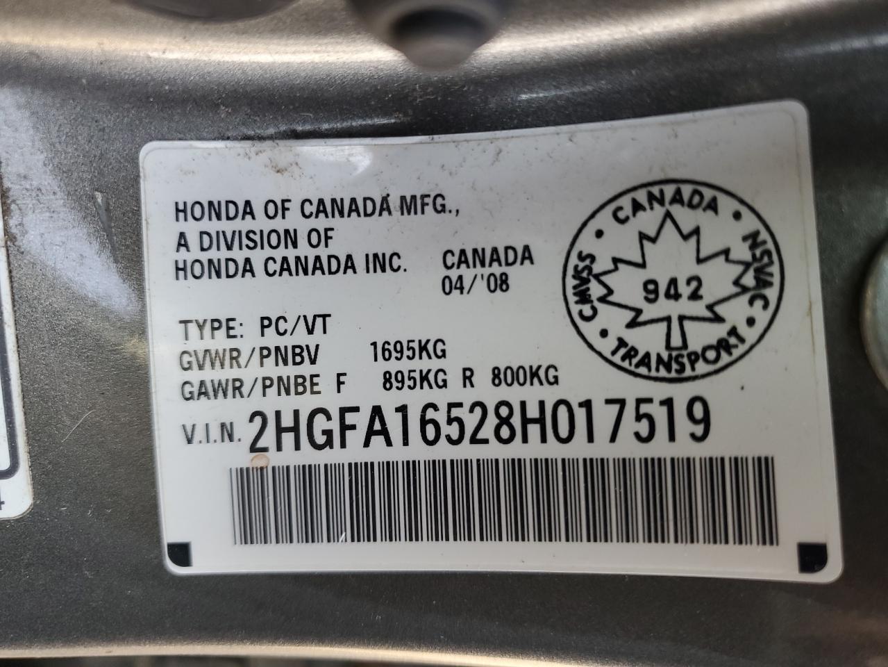 2008 Honda Civic Lx VIN: 2HGFA16528H017519 Lot: 69943365