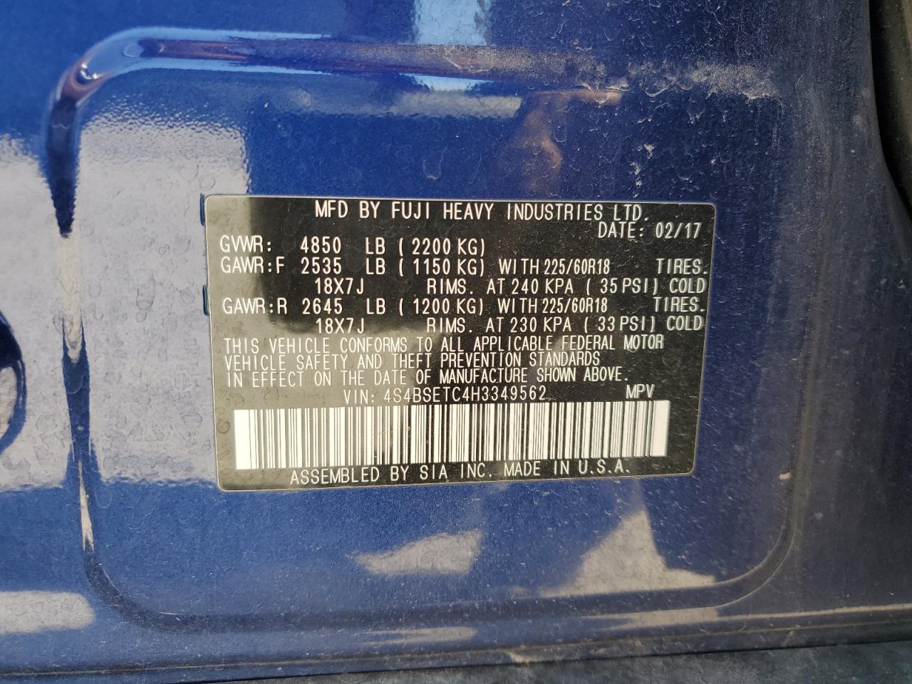 2017 Subaru Outback Touring VIN: 4S4BSETC4H3349562 Lot: 71257965