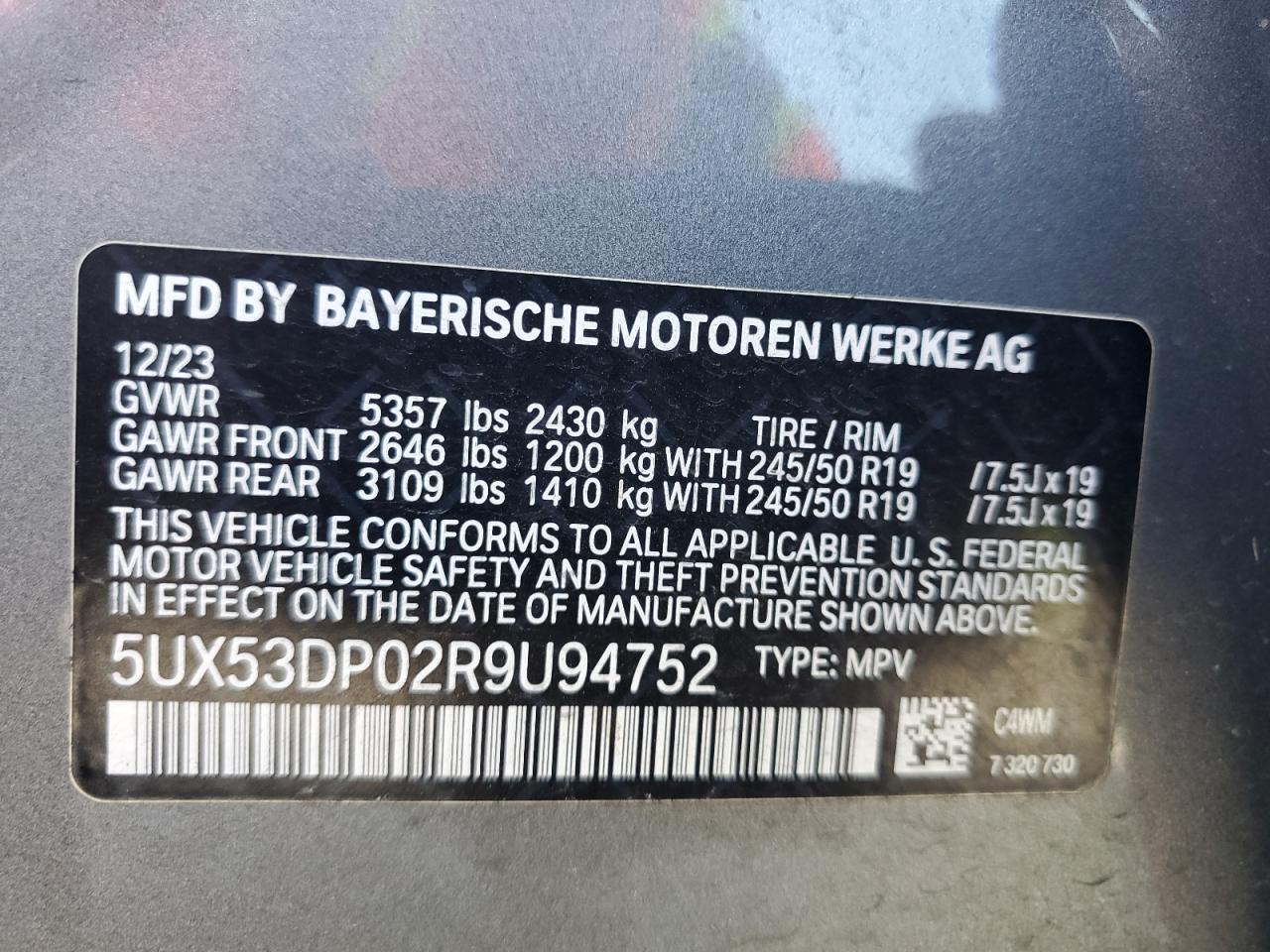 2024 BMW X3 xDrive30I VIN: 5UX53DP02R9U94752 Lot: 80405465