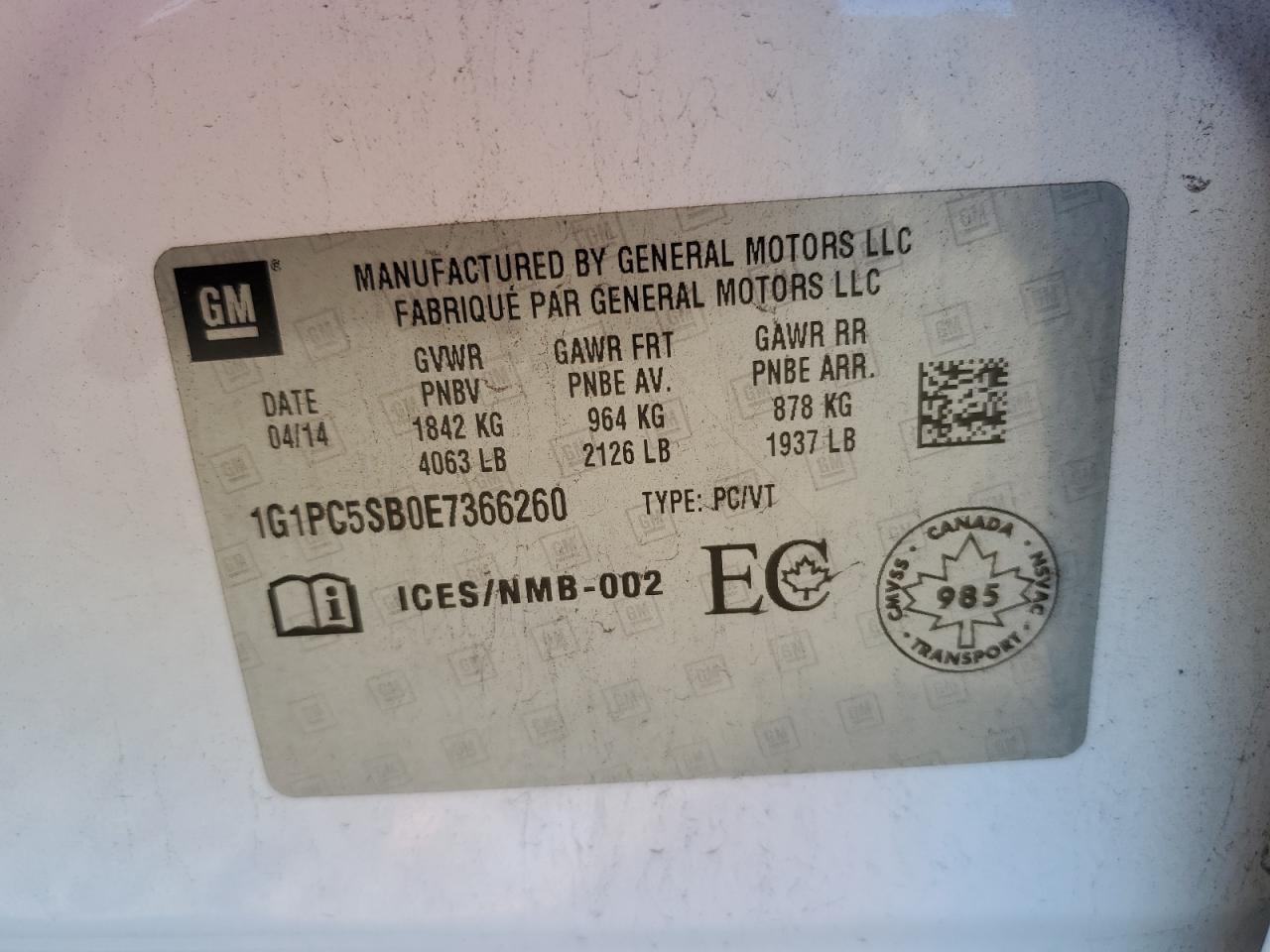 2014 Chevrolet Cruze Lt VIN: 1G1PC5SB0E7366260 Lot: 80485705