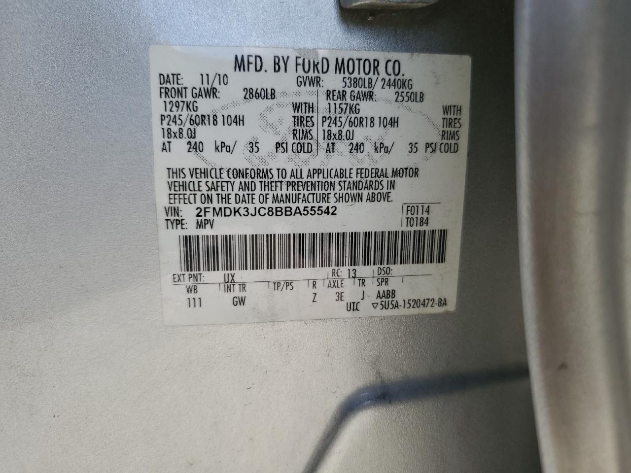 2011 Ford Edge Sel VIN: 2FMDK3JC8BBA55542 Lot: 81726695