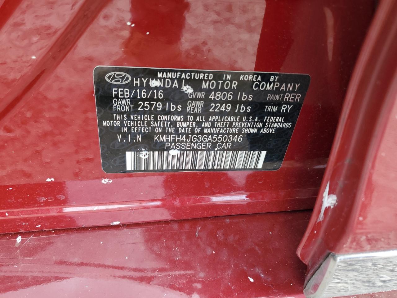 2016 Hyundai Azera Limited VIN: KMHFH4JG3GA550346 Lot: 81785415