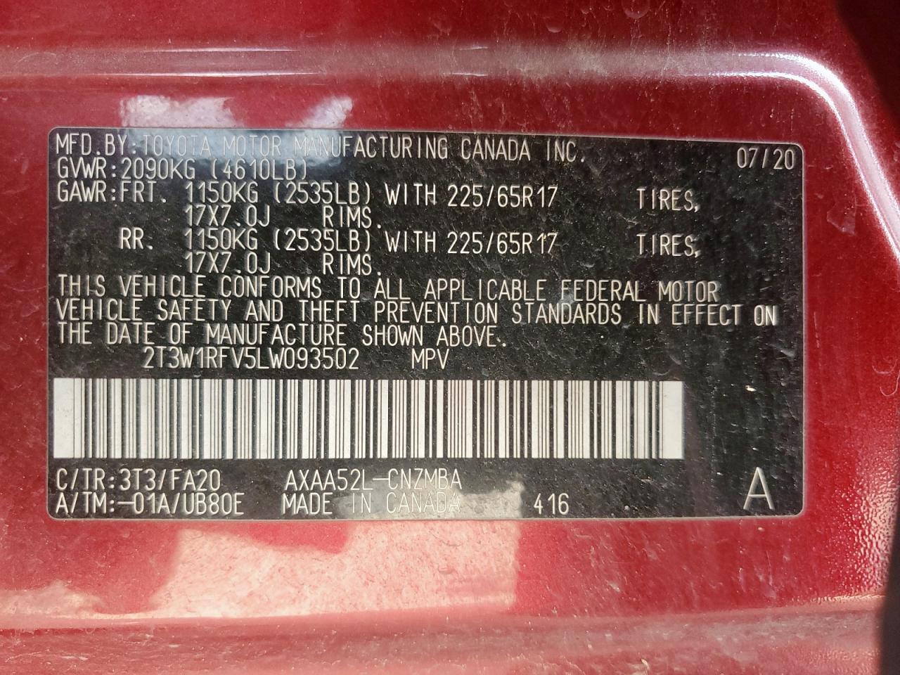2020 Toyota Rav4 Xle VIN: 2T3W1RFV5LW093502 Lot: 81229165