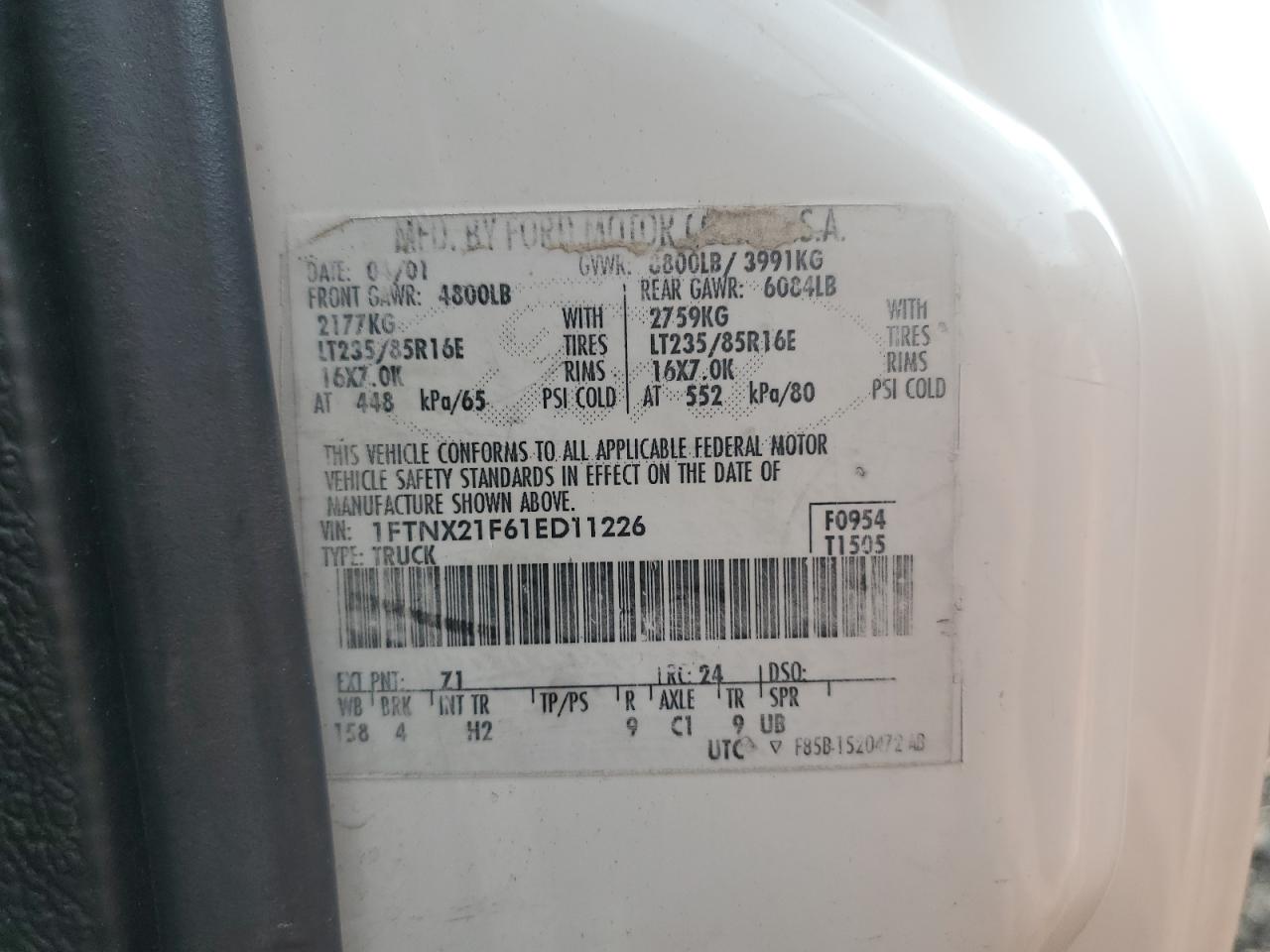 2001 Ford F250 Super Duty VIN: 1FTNX21F61ED11226 Lot: 80940535