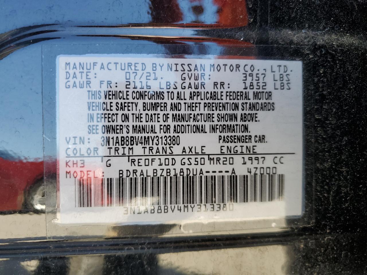 2021 Nissan Sentra S VIN: 3N1AB8BV4MY313380 Lot: 84213815