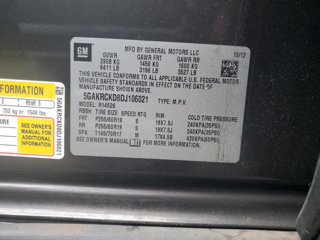 2013 Buick Enclave VIN: 5GAKRCKD8DJ106021 Lot: 81557715