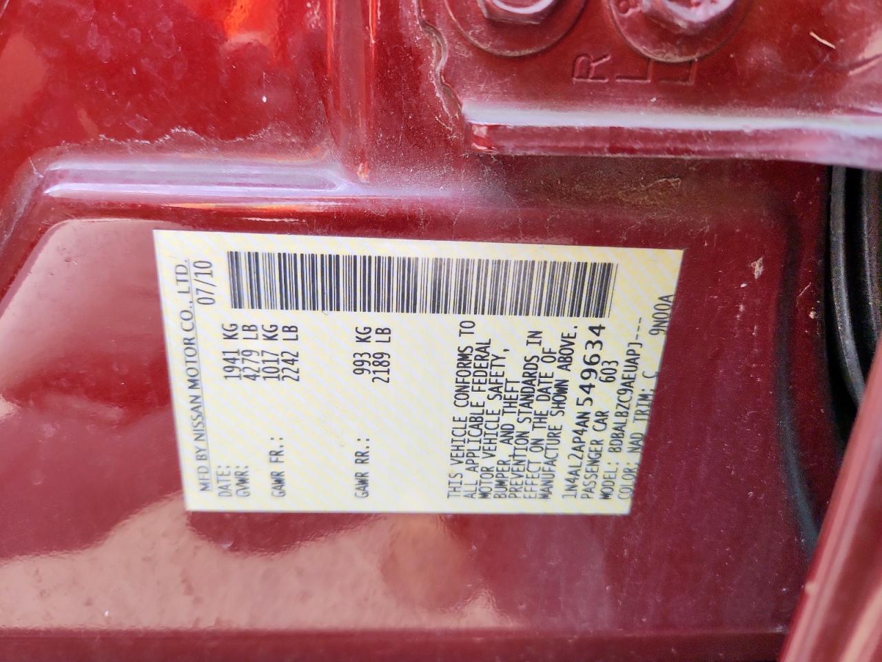 2010 Nissan Altima 2.5 VIN: 1N4AL2AP4AN549634 Lot: 80750945