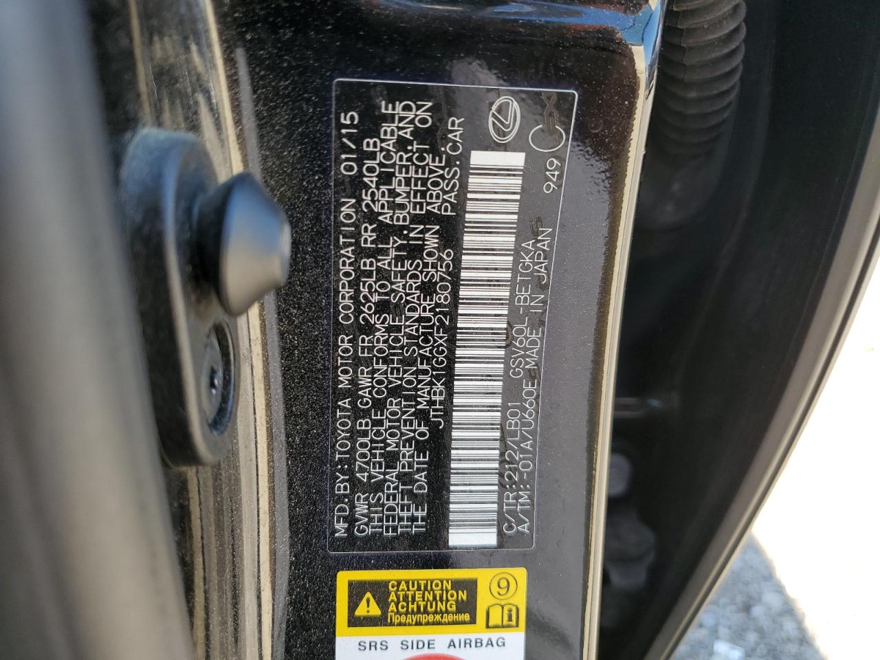 2015 Lexus Es 350 VIN: JTHBK1GGXF2180756 Lot: 80954465