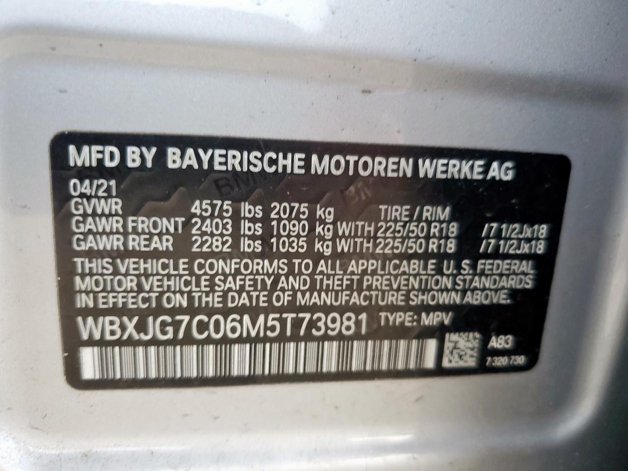 2021 BMW X1 Sdrive28I VIN: WBXJG7C06M5T73981 Lot: 83767575