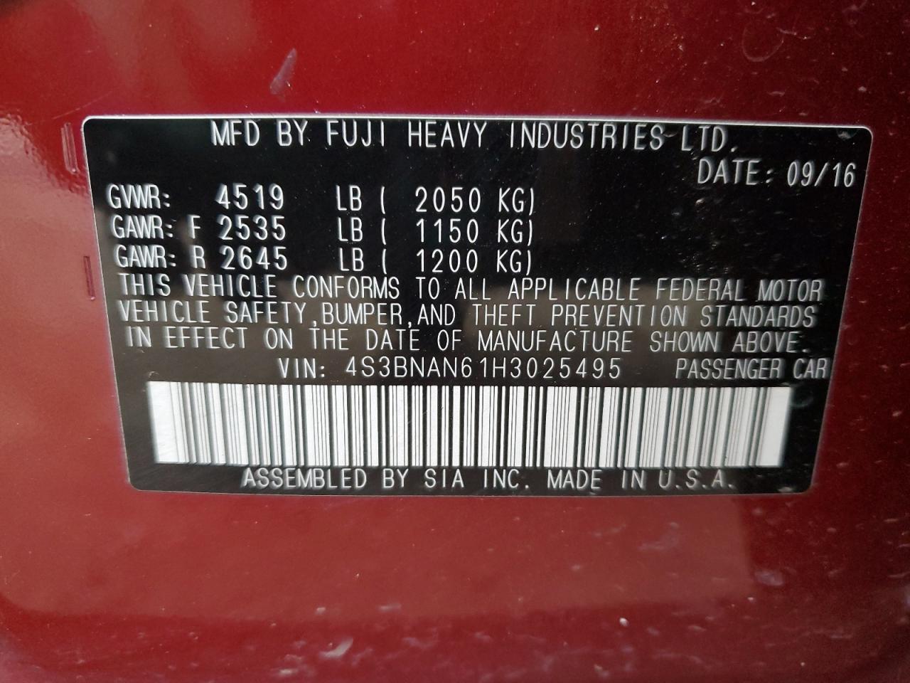 2017 Subaru Legacy 2.5I Limited VIN: 4S3BNAN61H3025495 Lot: 71717005